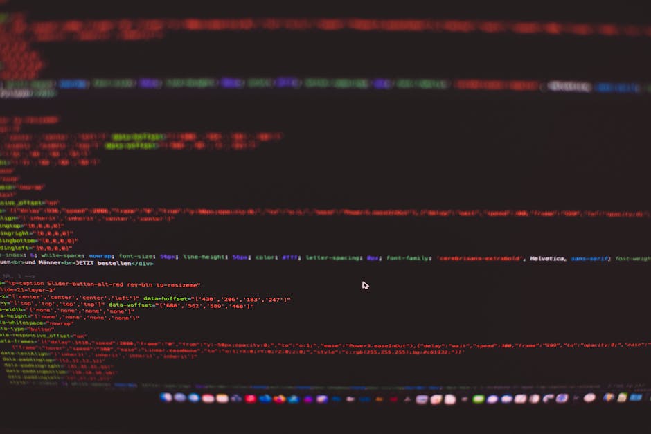A computer screen displaying a code editor with a dark background, showing a webpage's HTML source code. The code includes tags such as <!DOCTYPE html>, <html>, <head>, <body>, and various meta, title